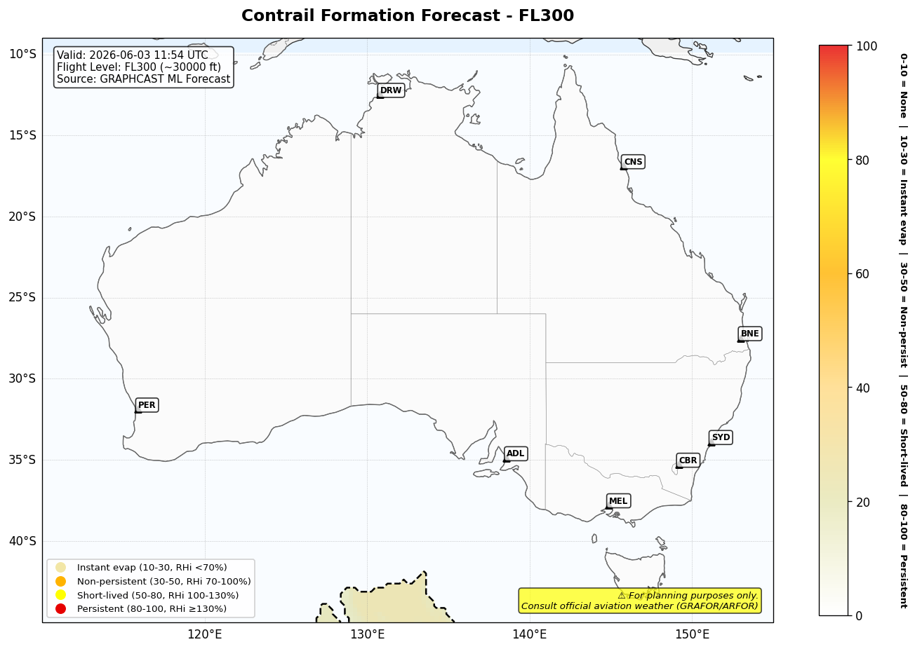 Contrail forecast for FL300 at 2026-06-03 11:54 UTC