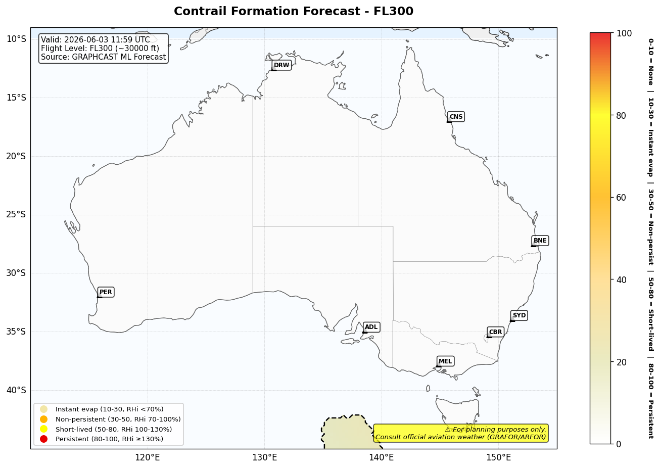 Contrail forecast for FL300 at 2026-06-03 11:59 UTC