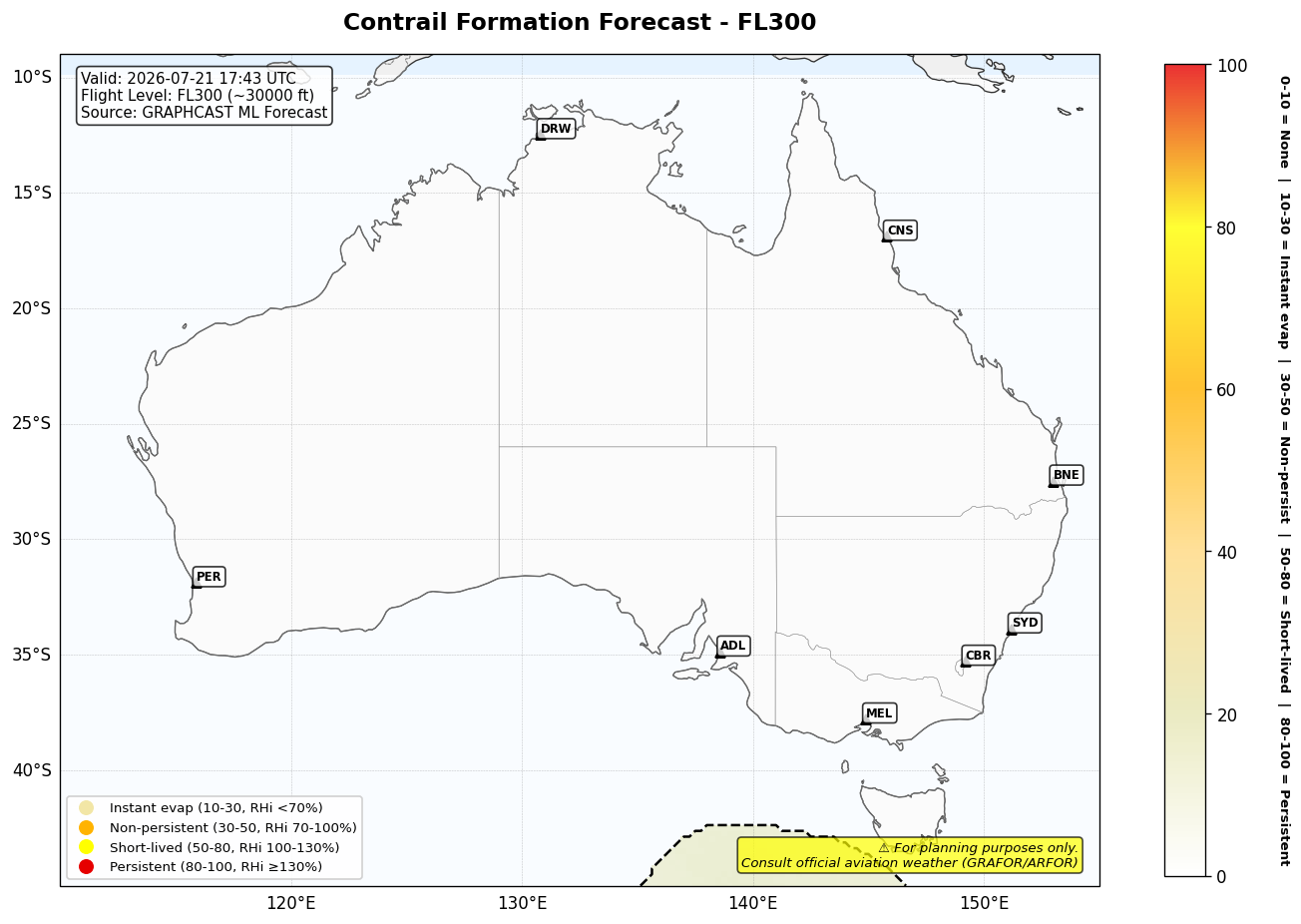 Contrail forecast for FL300 at 2026-07-21 17:43 UTC