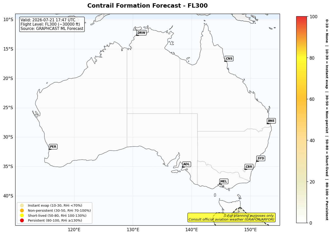 Contrail forecast for FL300 at 2026-07-21 17:47 UTC