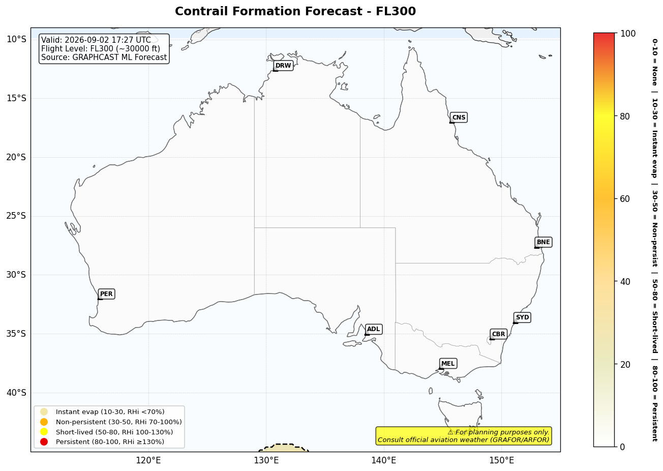 Contrail forecast for FL300 at 2026-09-02 17:27 UTC