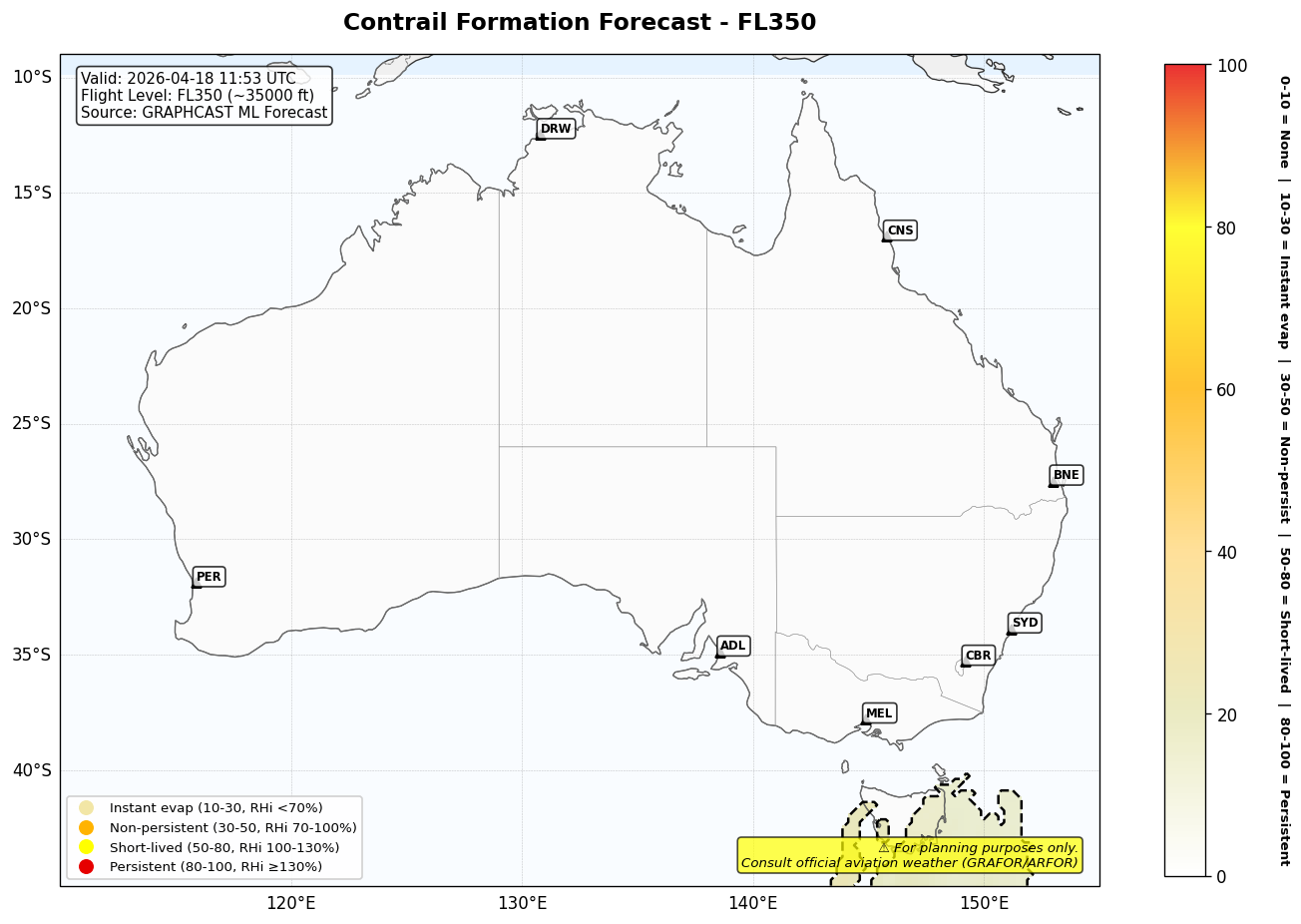 Contrail forecast for FL350 at 2026-04-18 11:53 UTC