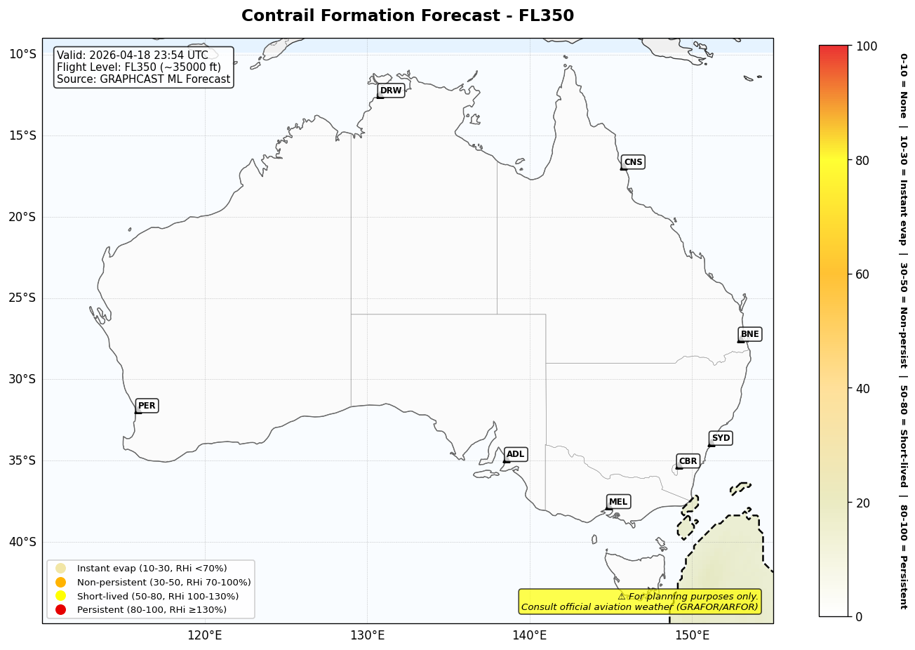 Contrail forecast for FL350 at 2026-04-18 23:54 UTC