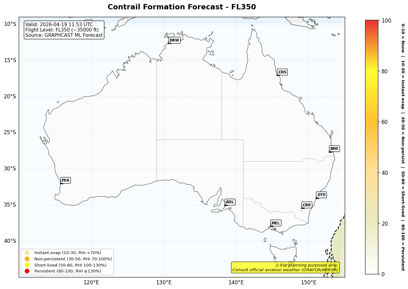 Contrail forecast for FL350 at 2026-04-19 11:53 UTC