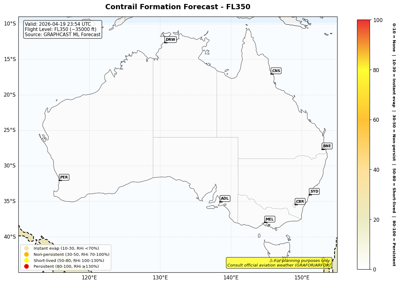 Contrail forecast for FL350 at 2026-04-19 23:54 UTC