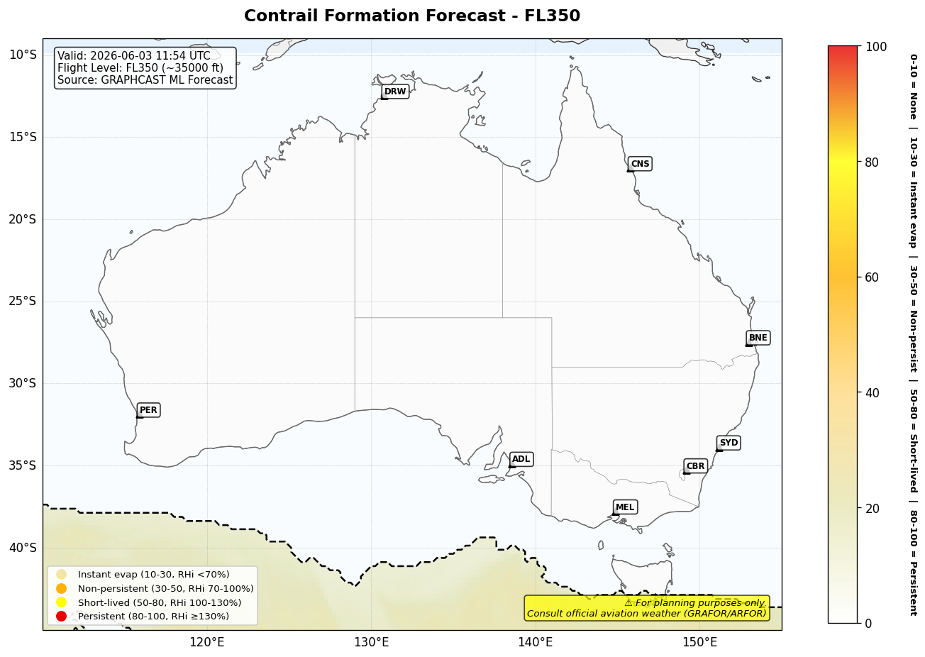 Contrail forecast for FL350 at 2026-06-03 11:54 UTC