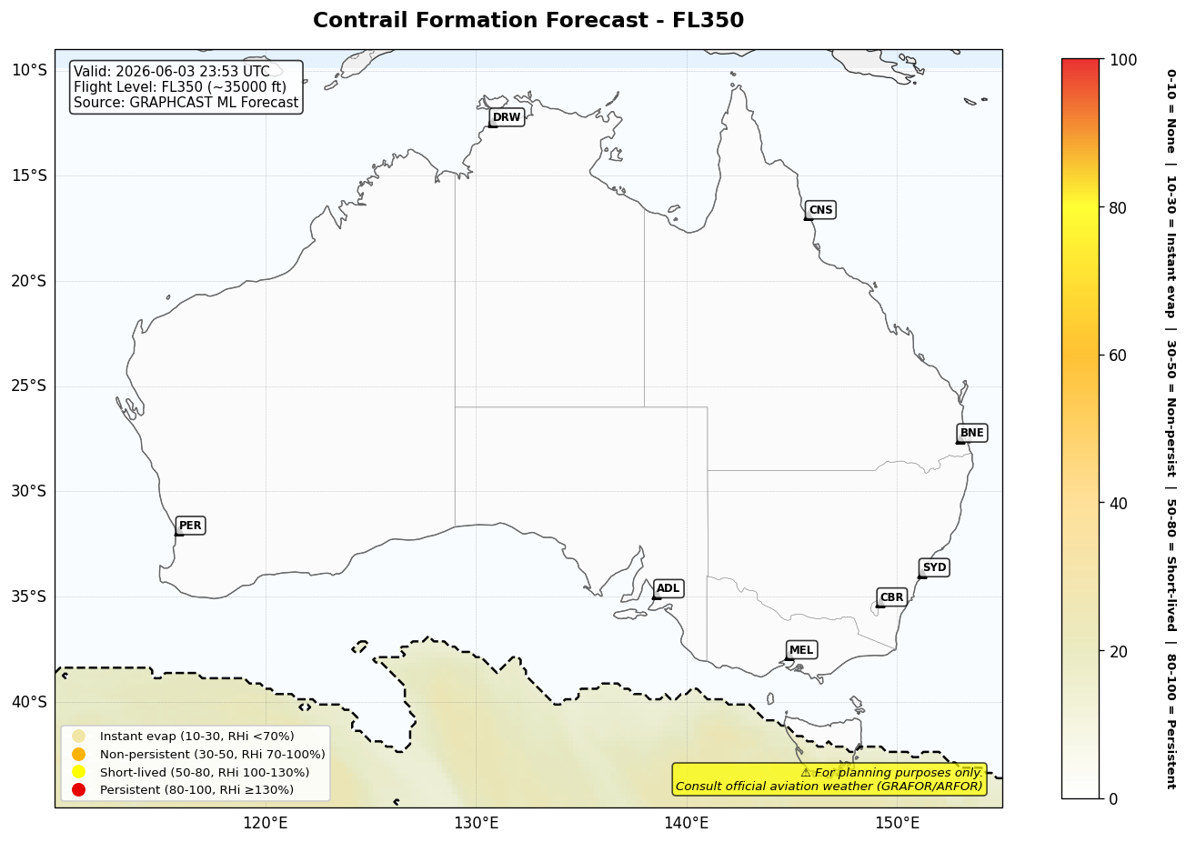 Contrail forecast for FL350 at 2026-06-03 23:53 UTC