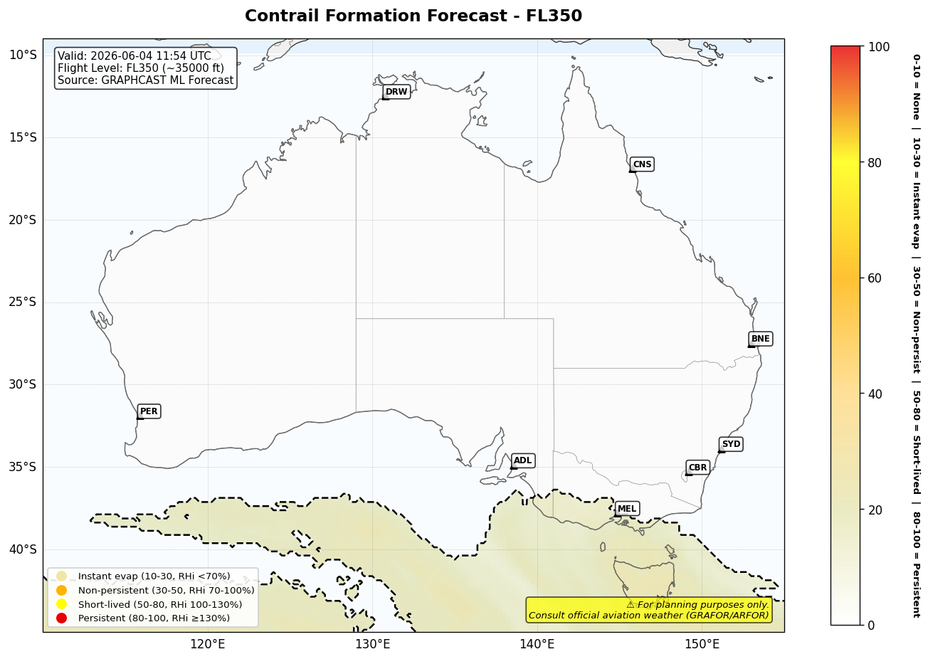 Contrail forecast for FL350 at 2026-06-04 11:54 UTC