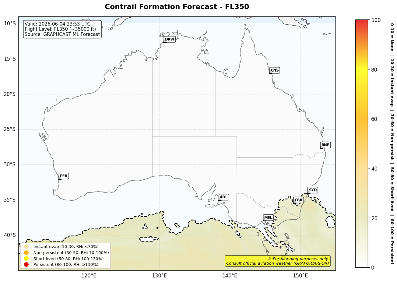Contrail forecast for FL350 at 2026-06-04 23:53 UTC