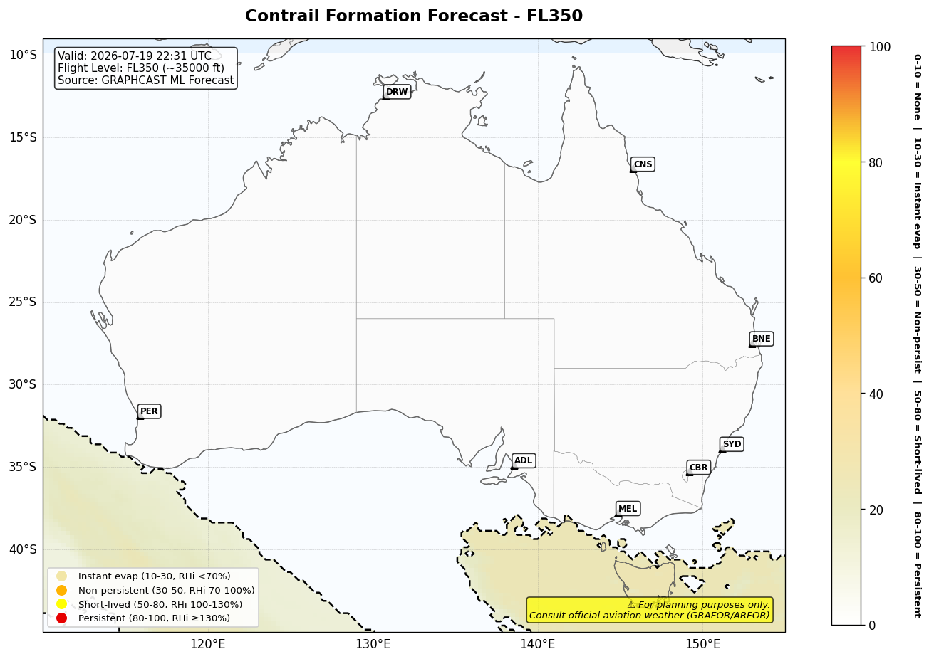 Contrail forecast for FL350 at 2026-07-19 22:31 UTC