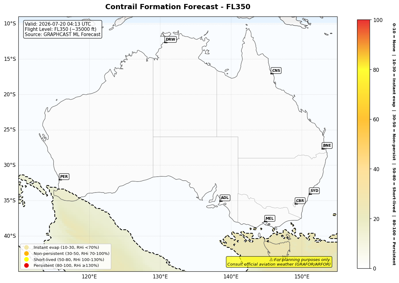 Contrail forecast for FL350 at 2026-07-20 04:13 UTC