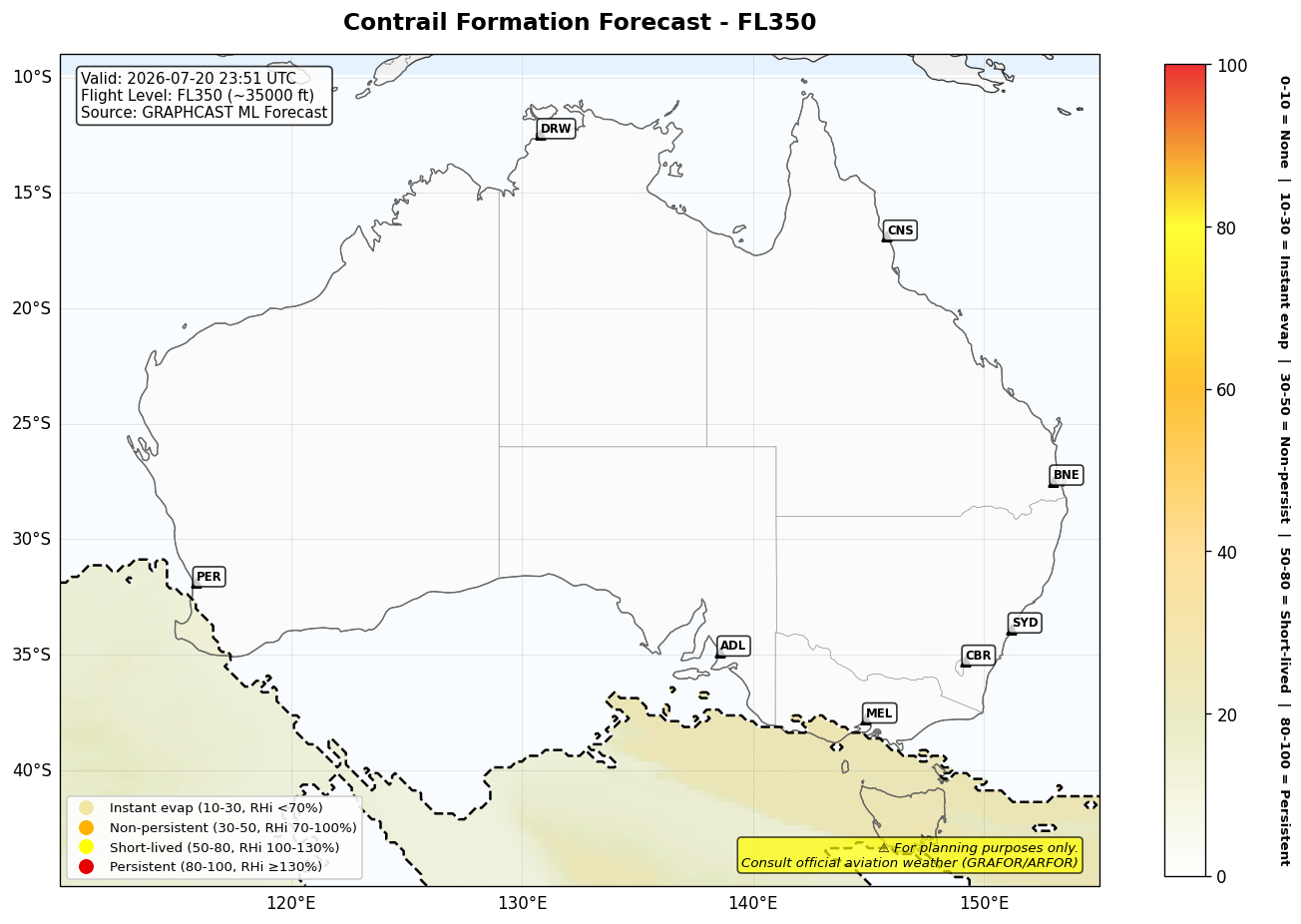 Contrail forecast for FL350 at 2026-07-20 23:51 UTC