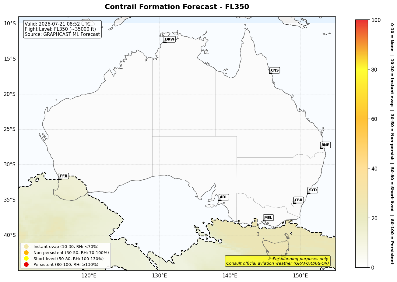 Contrail forecast for FL350 at 2026-07-21 08:52 UTC