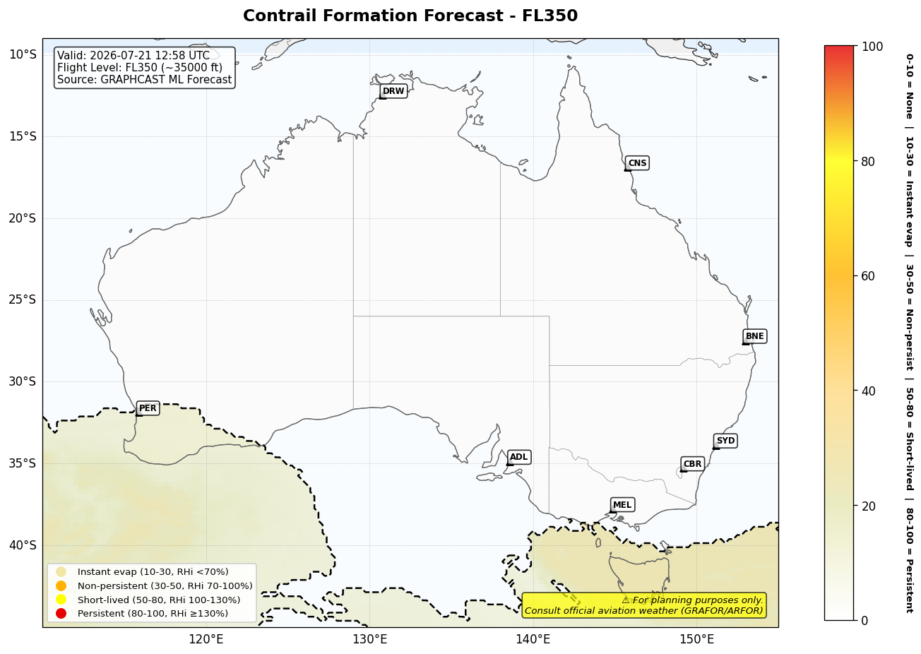 Contrail forecast for FL350 at 2026-07-21 12:58 UTC