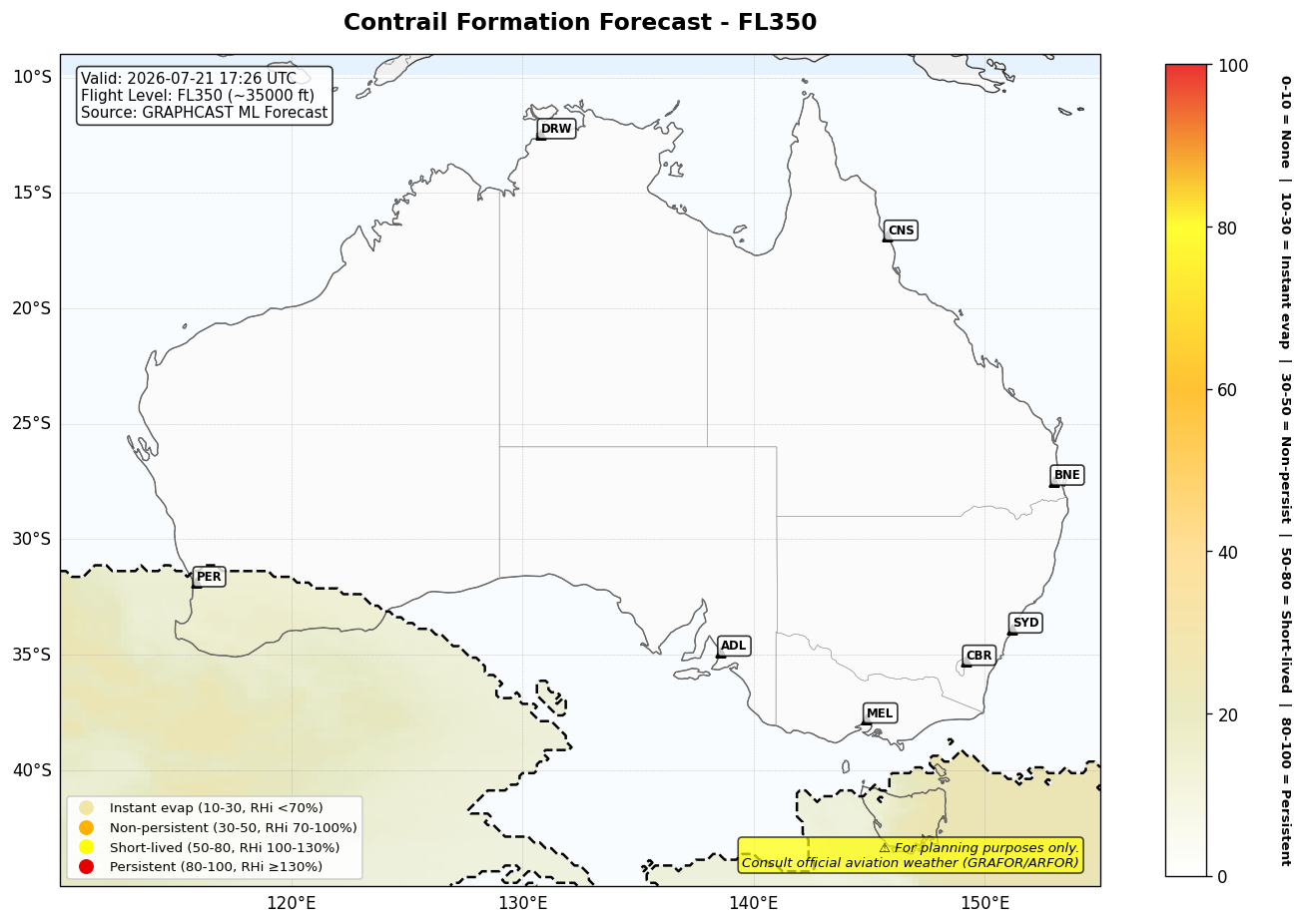 Contrail forecast for FL350 at 2026-07-21 17:26 UTC