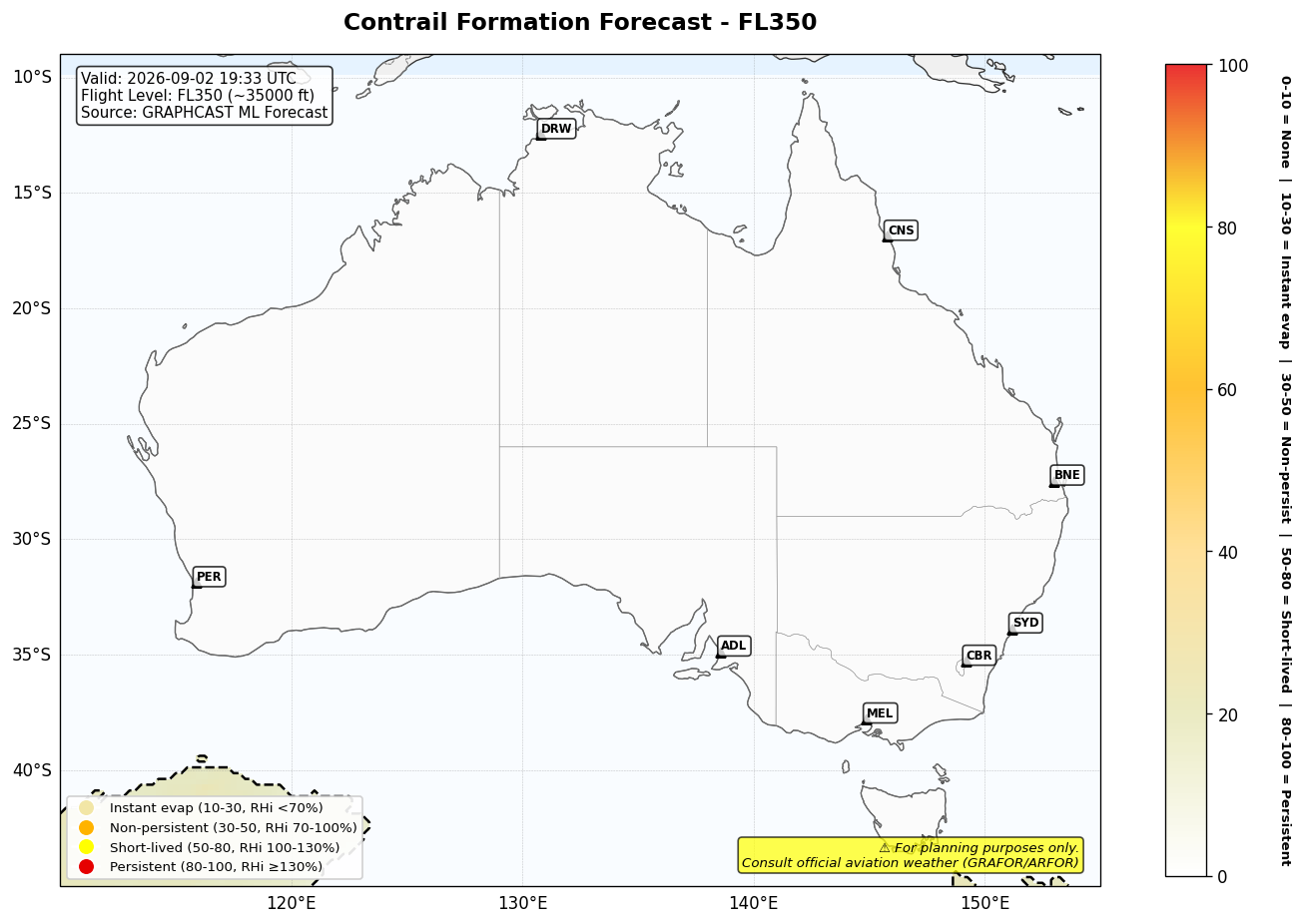 Contrail forecast for FL350 at 2026-09-02 19:33 UTC