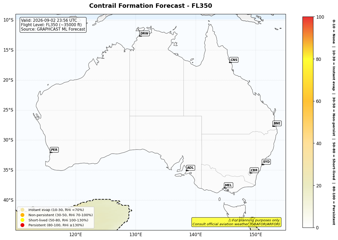 Contrail forecast for FL350 at 2026-09-02 23:56 UTC