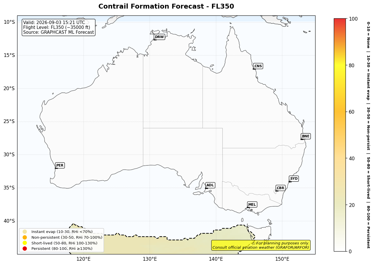 Contrail forecast for FL350 at 2026-09-03 15:21 UTC