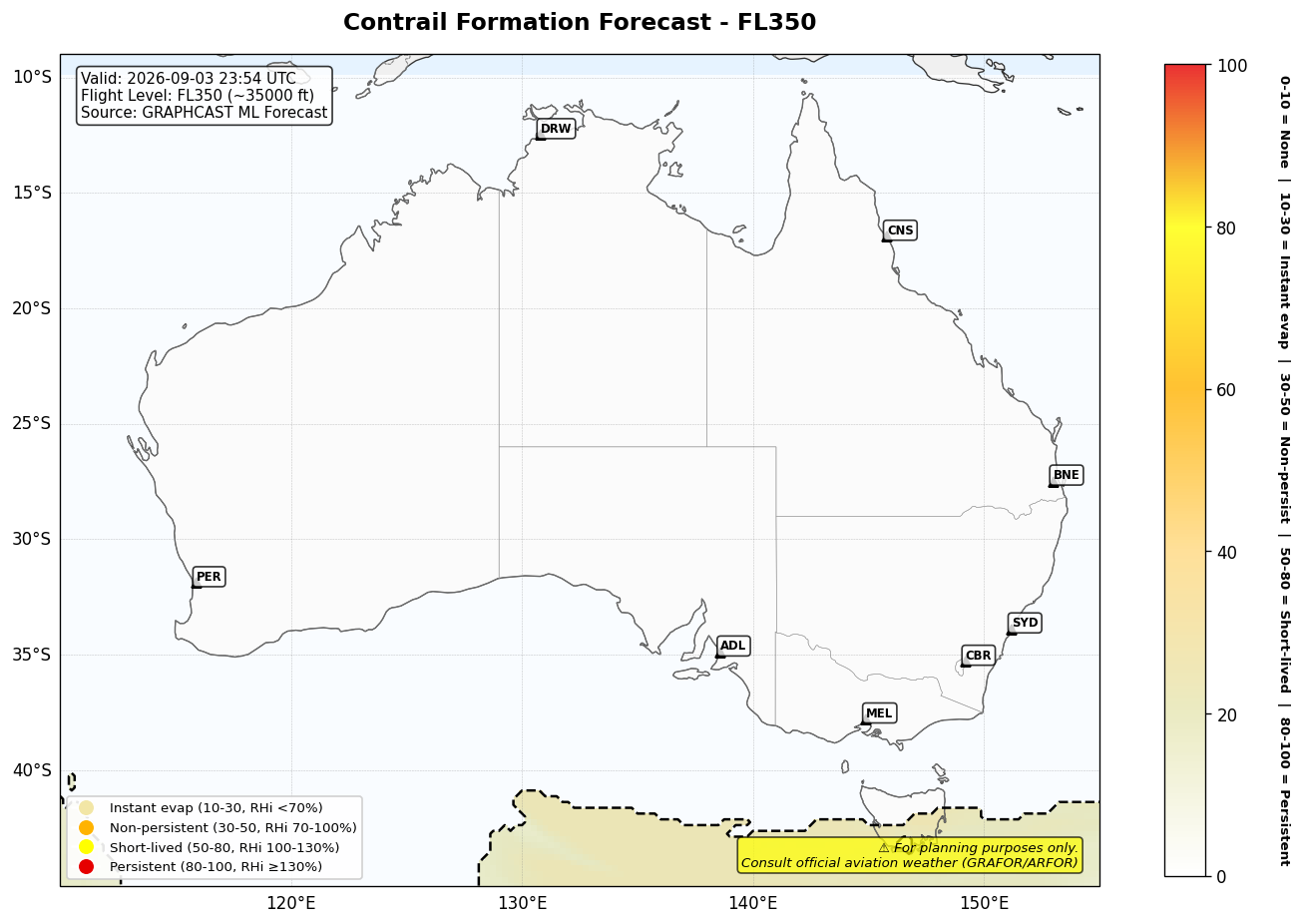 Contrail forecast for FL350 at 2026-09-03 23:54 UTC