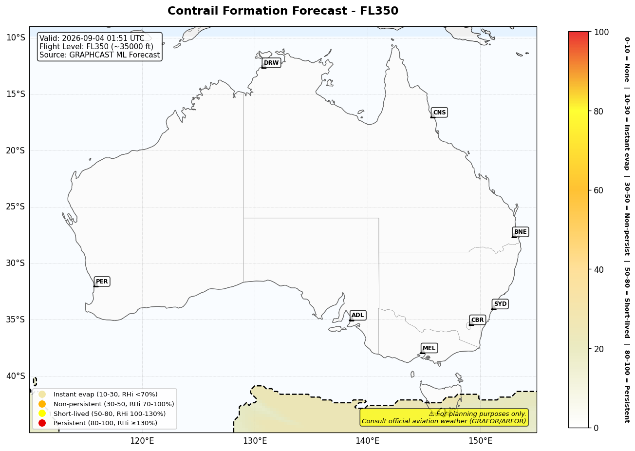 Contrail forecast for FL350 at 2026-09-04 01:51 UTC
