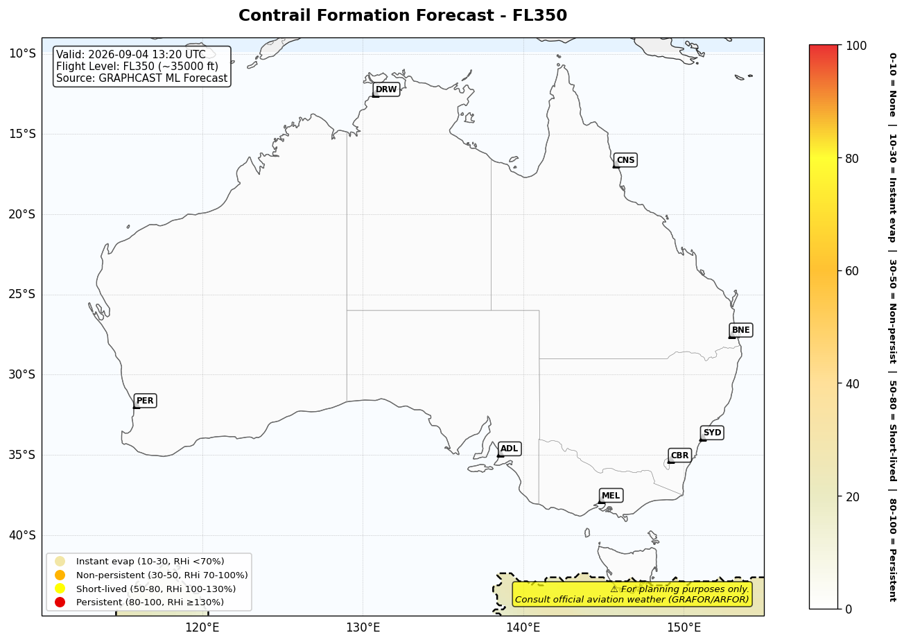 Contrail forecast for FL350 at 2026-09-04 13:20 UTC