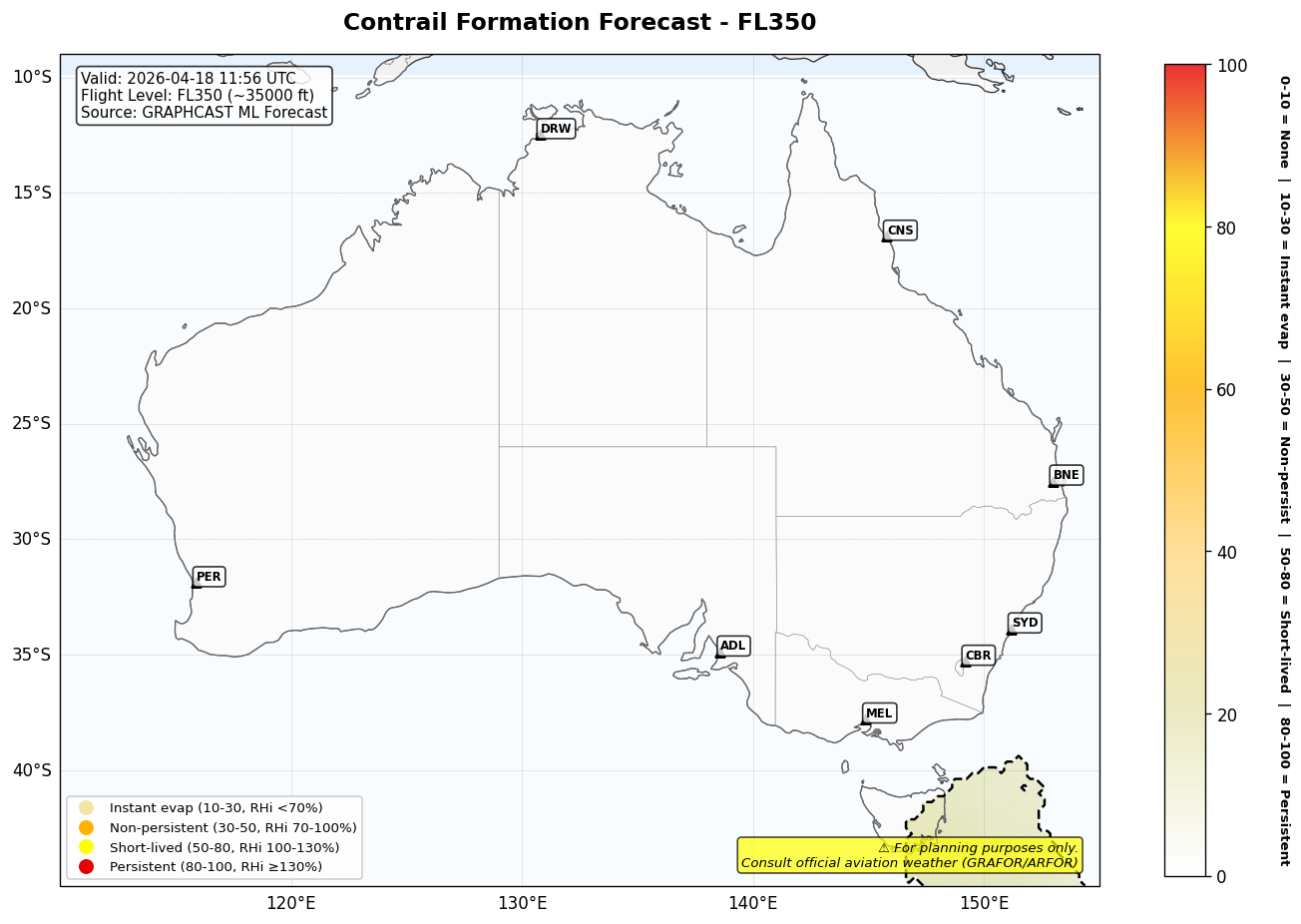 Contrail forecast for FL350 at 2026-04-18 11:56 UTC