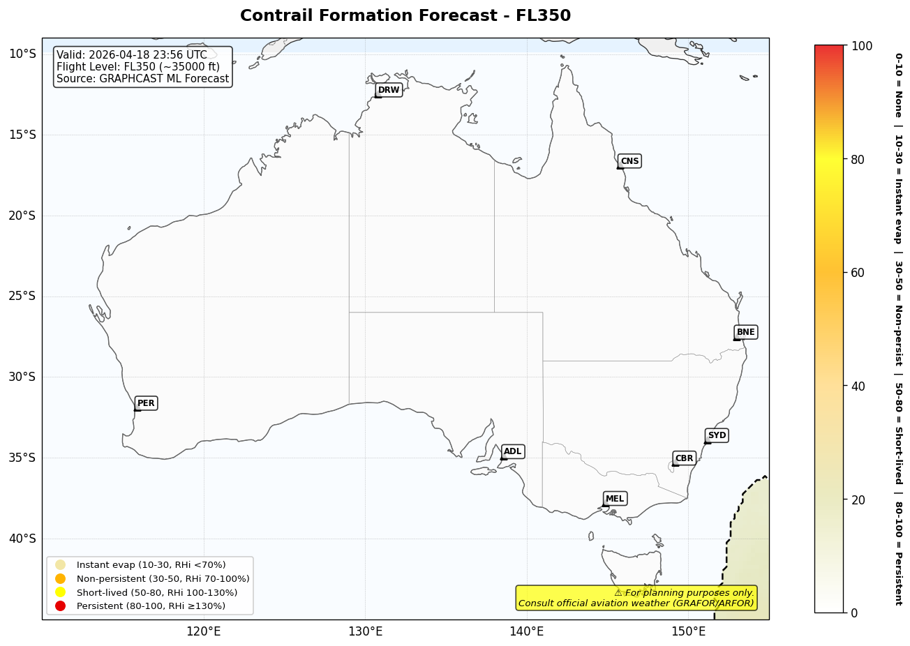 Contrail forecast for FL350 at 2026-04-18 23:56 UTC