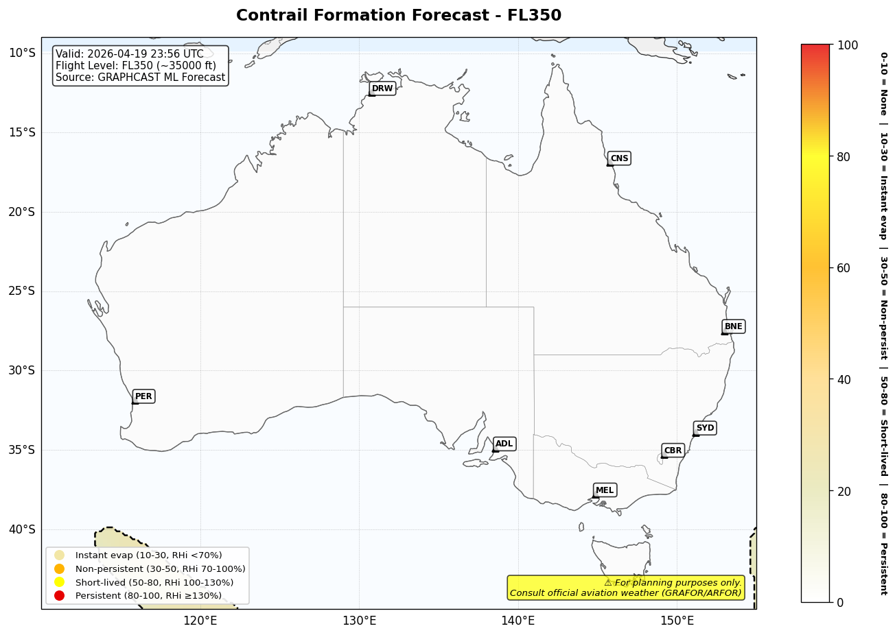 Contrail forecast for FL350 at 2026-04-19 23:56 UTC