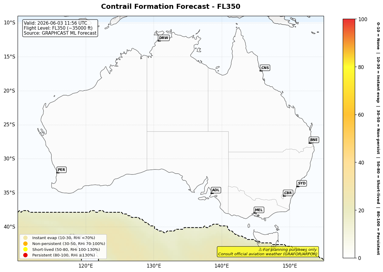 Contrail forecast for FL350 at 2026-06-03 11:56 UTC