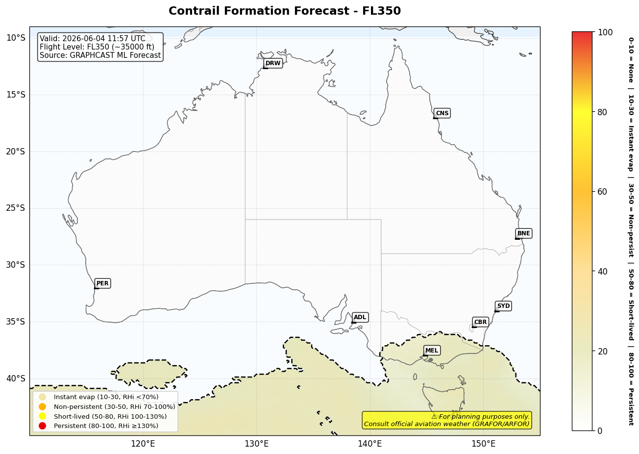 Contrail forecast for FL350 at 2026-06-04 11:57 UTC