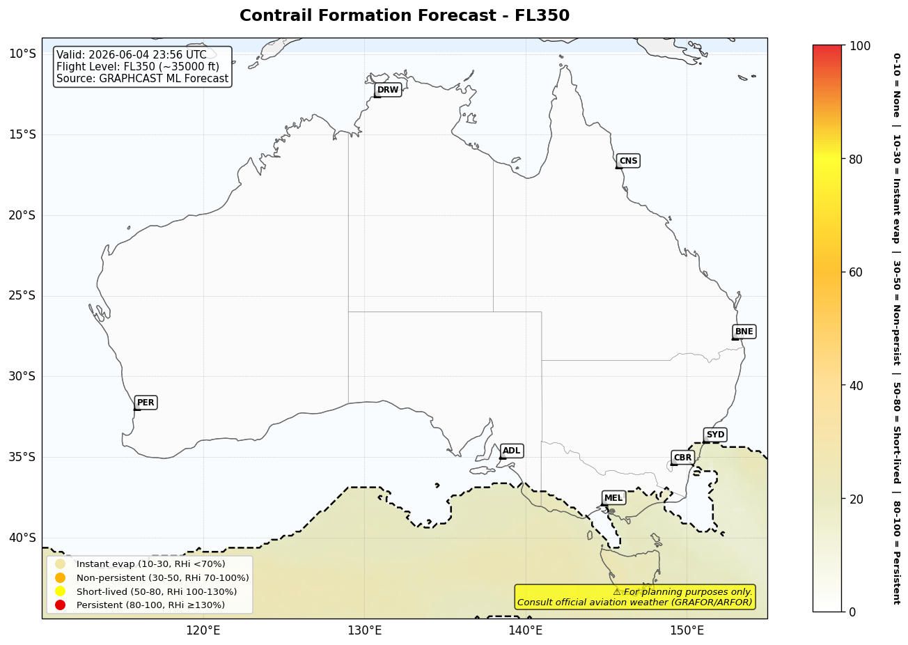 Contrail forecast for FL350 at 2026-06-04 23:56 UTC