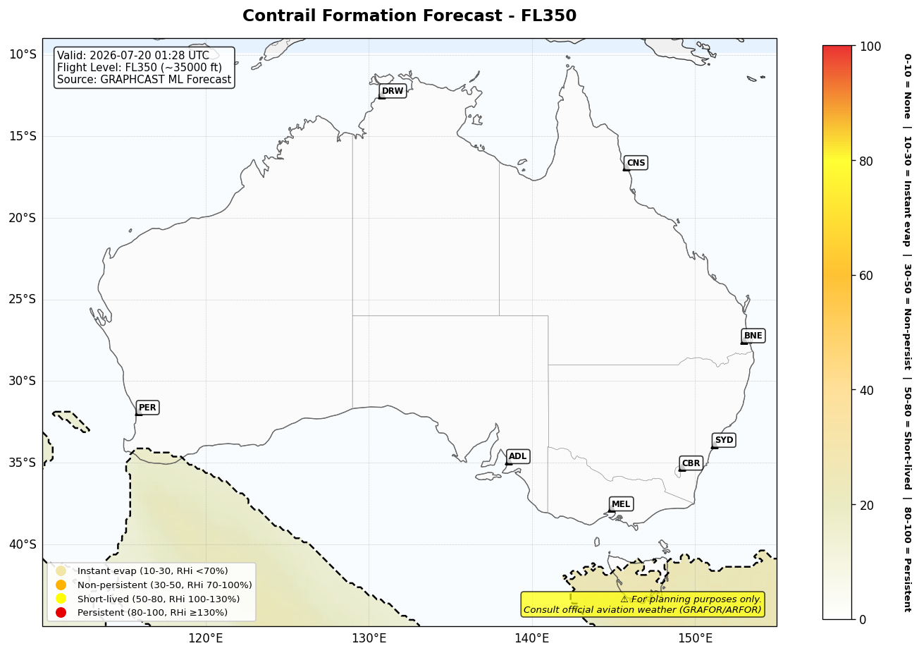 Contrail forecast for FL350 at 2026-07-20 01:28 UTC
