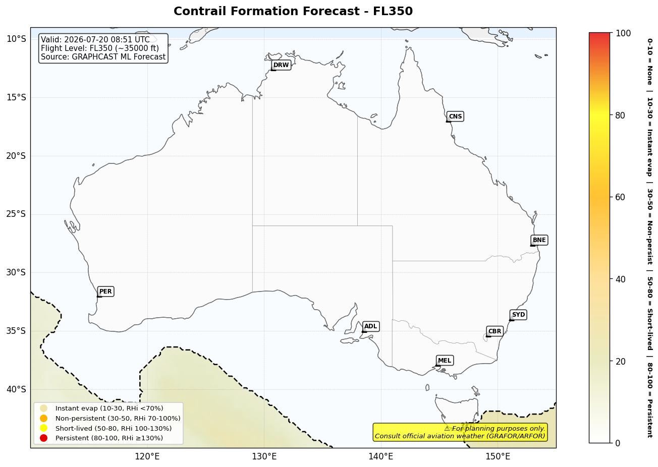 Contrail forecast for FL350 at 2026-07-20 08:51 UTC