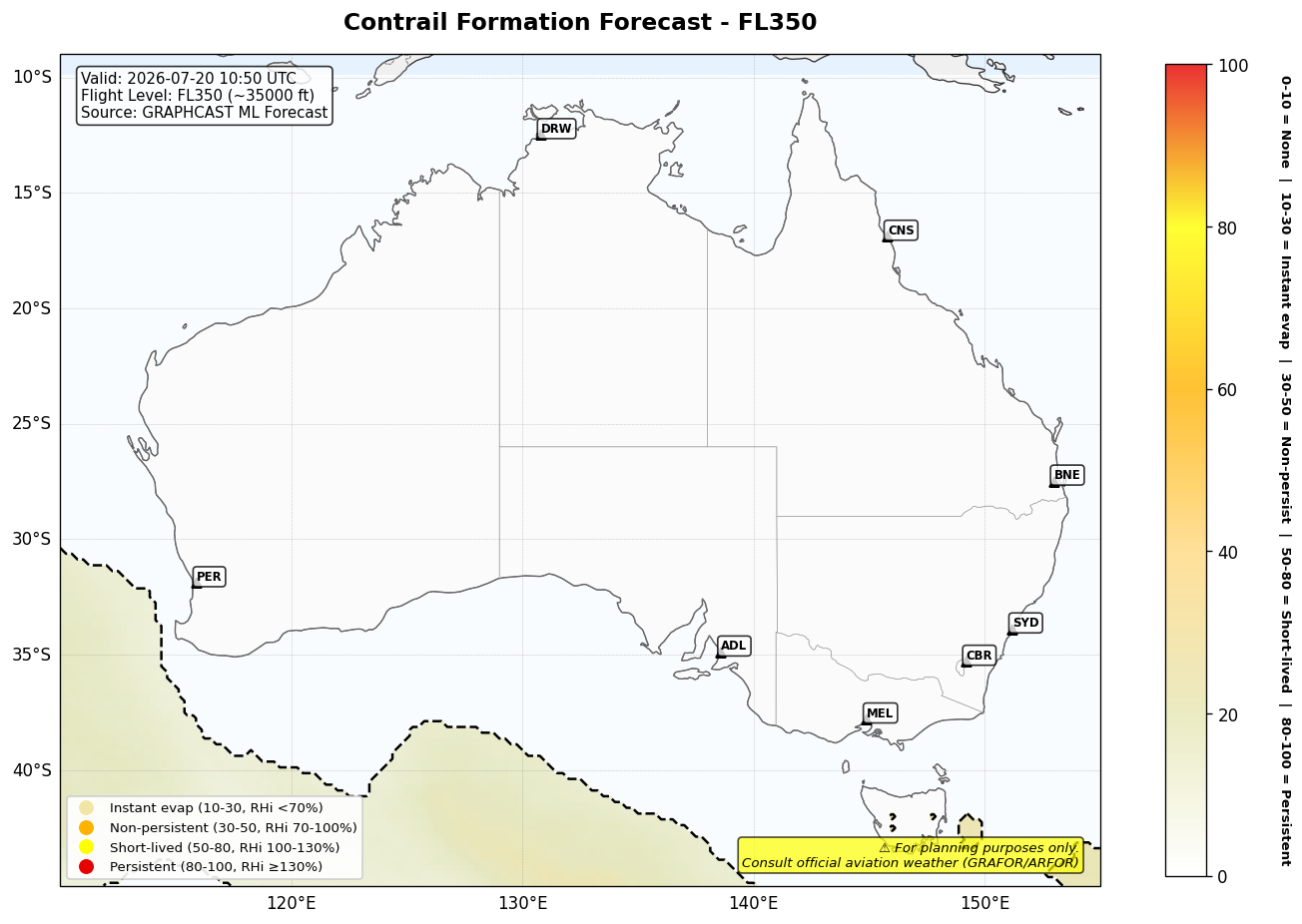 Contrail forecast for FL350 at 2026-07-20 10:50 UTC