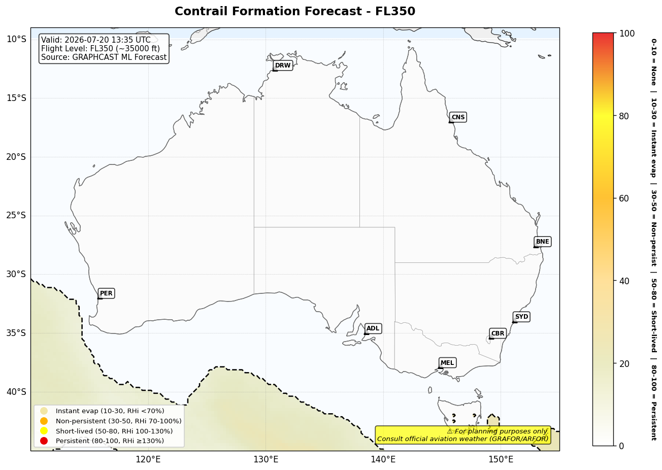 Contrail forecast for FL350 at 2026-07-20 13:35 UTC