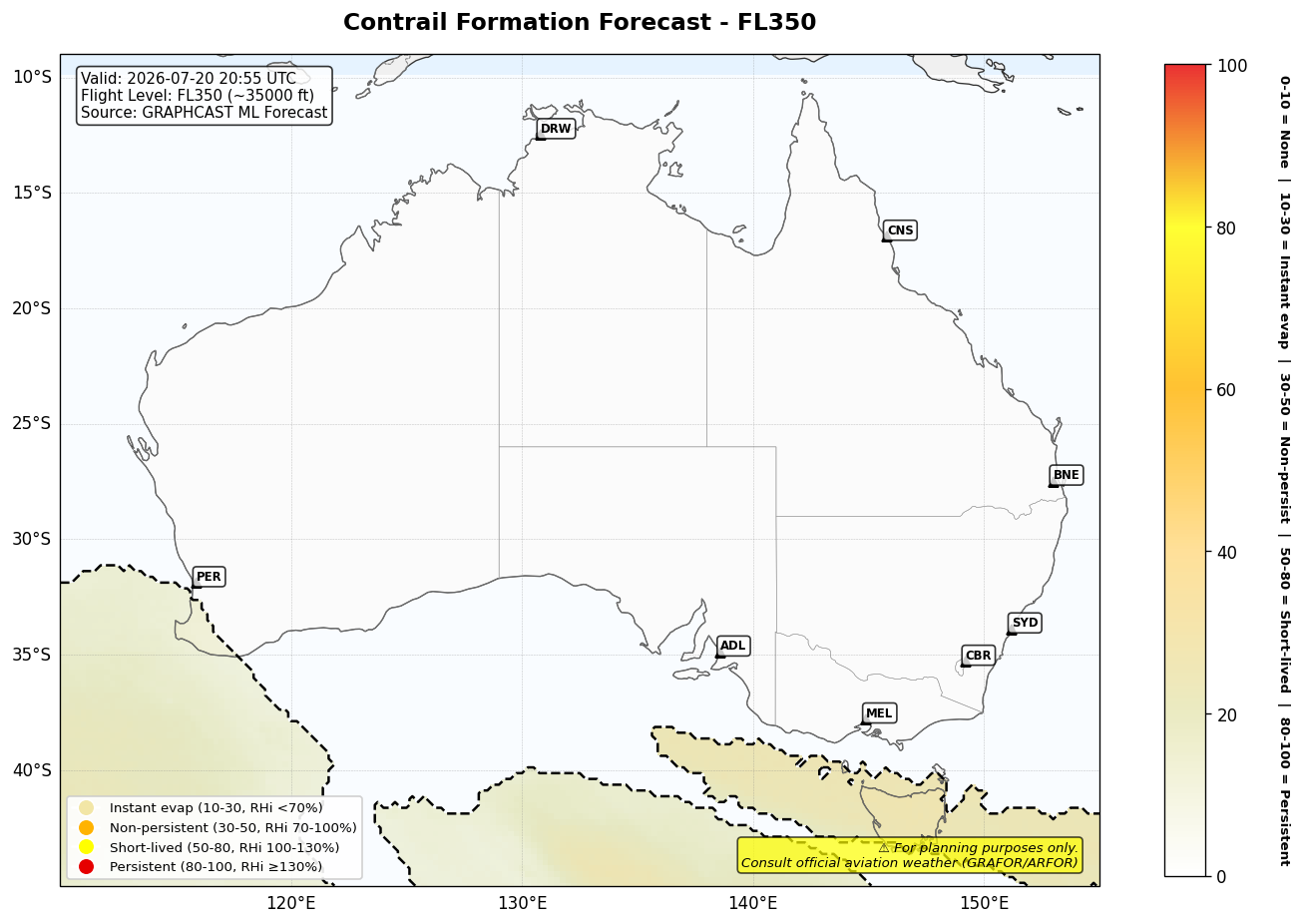Contrail forecast for FL350 at 2026-07-20 20:55 UTC