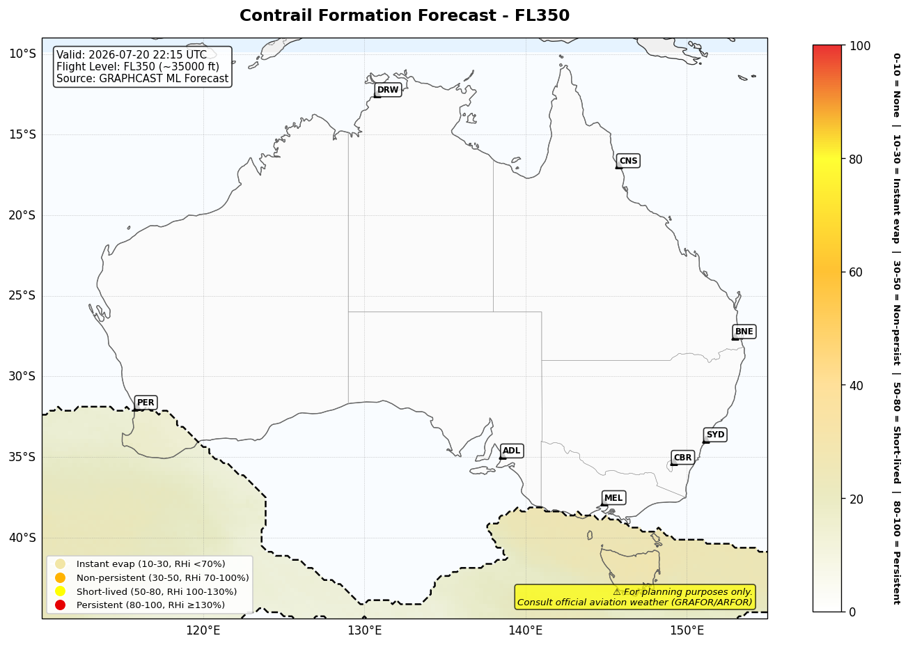 Contrail forecast for FL350 at 2026-07-20 22:15 UTC