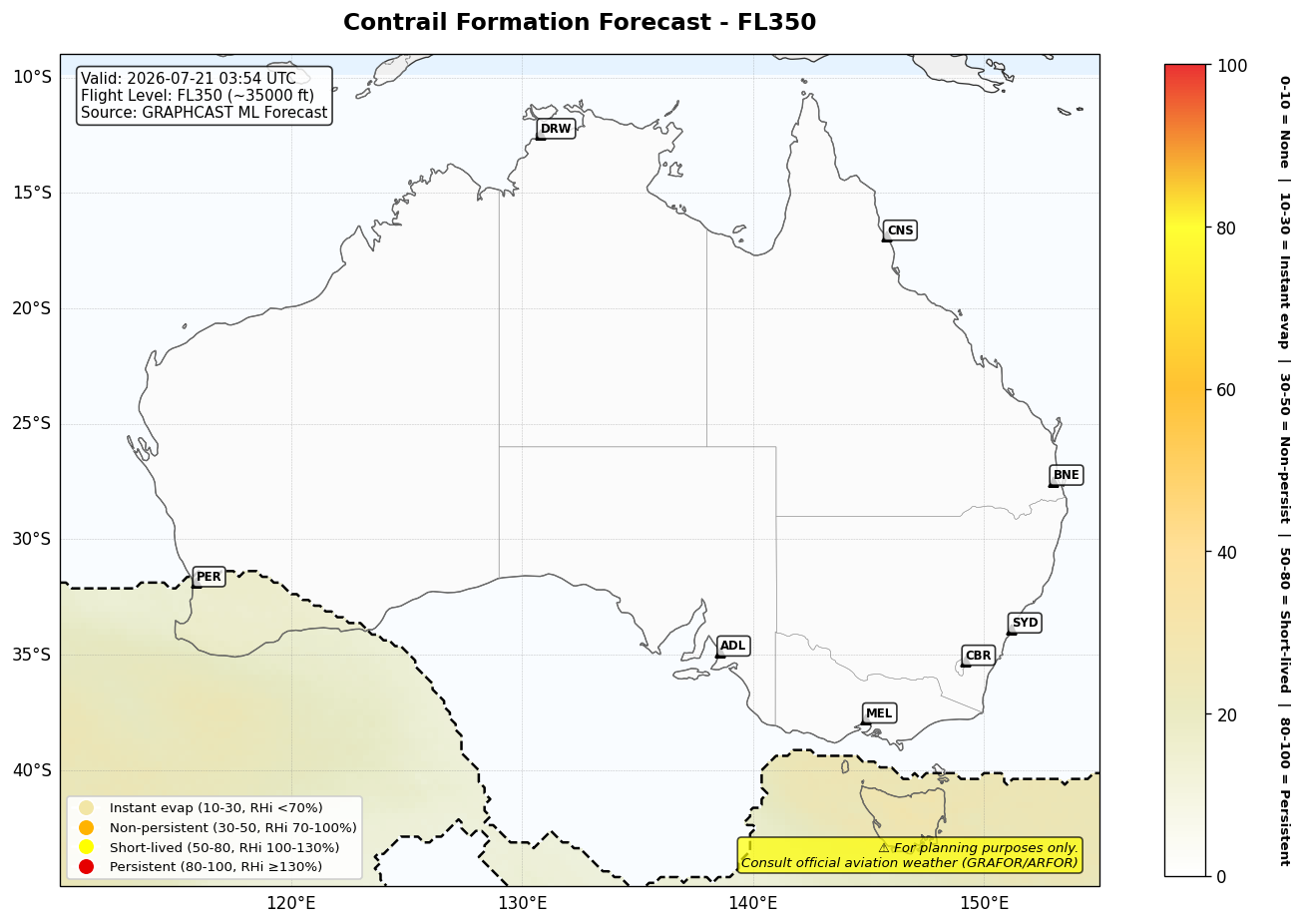 Contrail forecast for FL350 at 2026-07-21 03:54 UTC