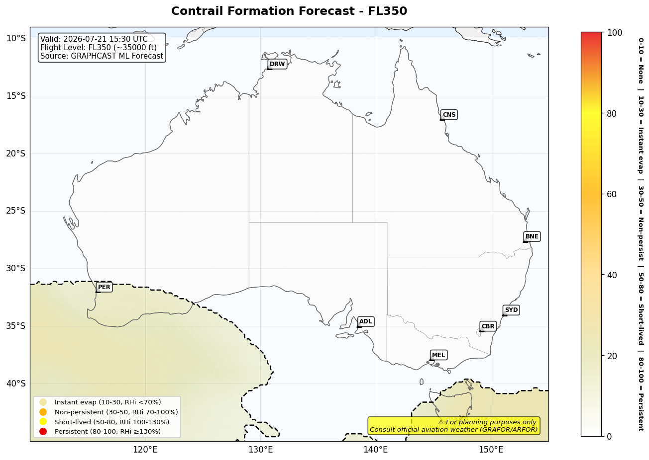 Contrail forecast for FL350 at 2026-07-21 15:30 UTC
