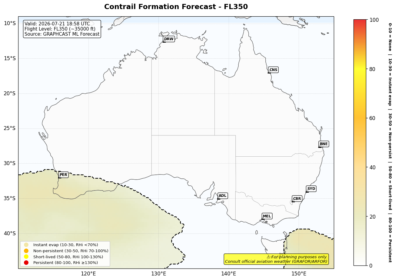 Contrail forecast for FL350 at 2026-07-21 18:58 UTC