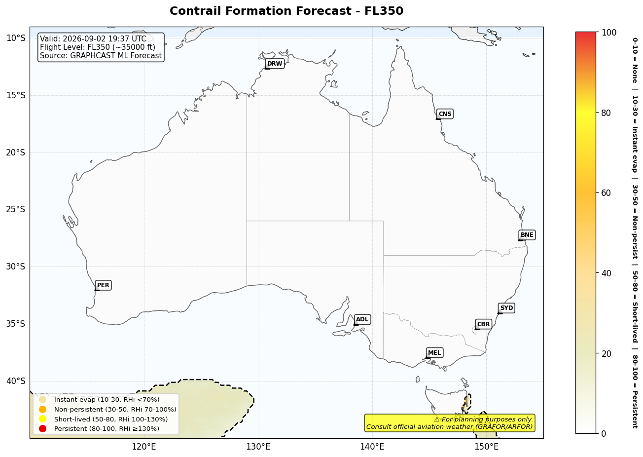 Contrail forecast for FL350 at 2026-09-02 19:37 UTC