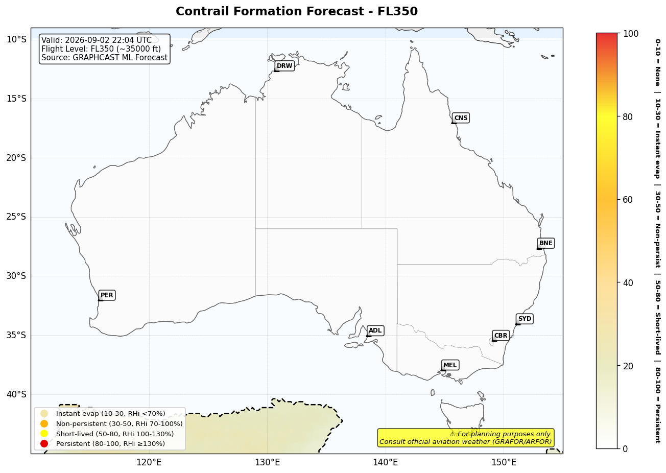 Contrail forecast for FL350 at 2026-09-02 22:04 UTC