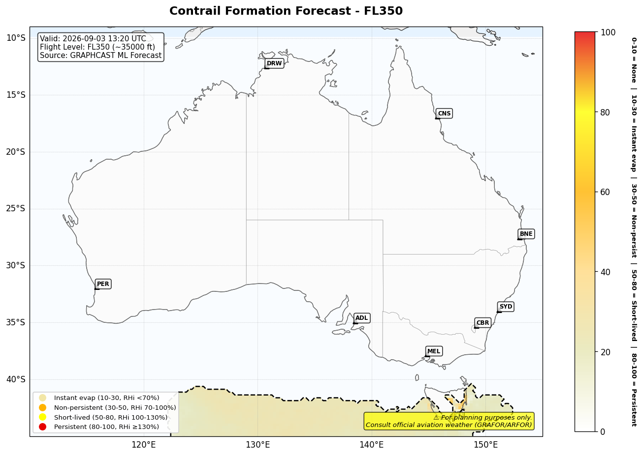 Contrail forecast for FL350 at 2026-09-03 13:20 UTC