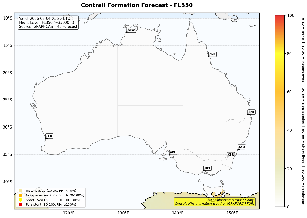 Contrail forecast for FL350 at 2026-09-04 01:20 UTC