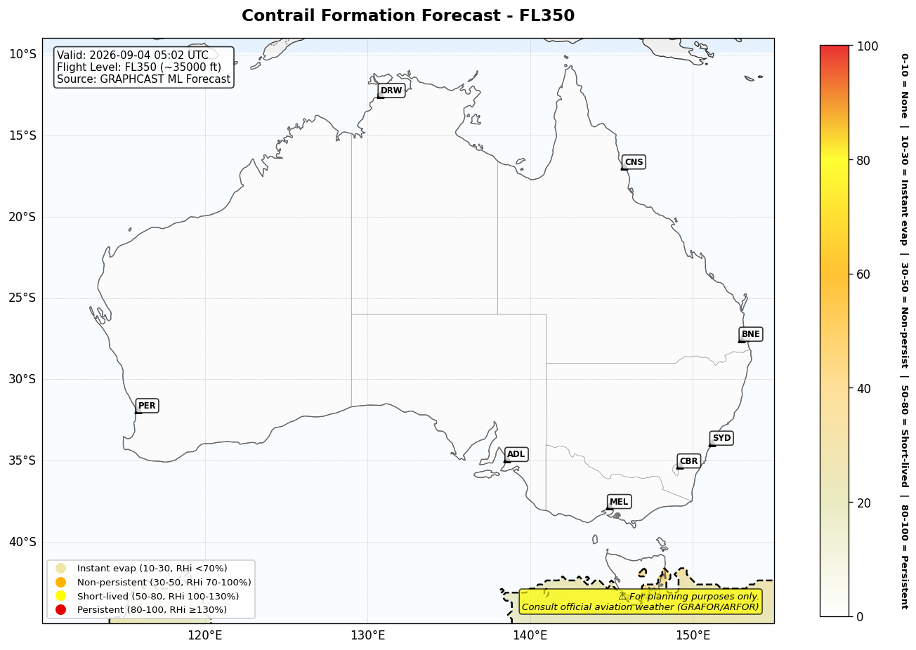 Contrail forecast for FL350 at 2026-09-04 05:02 UTC