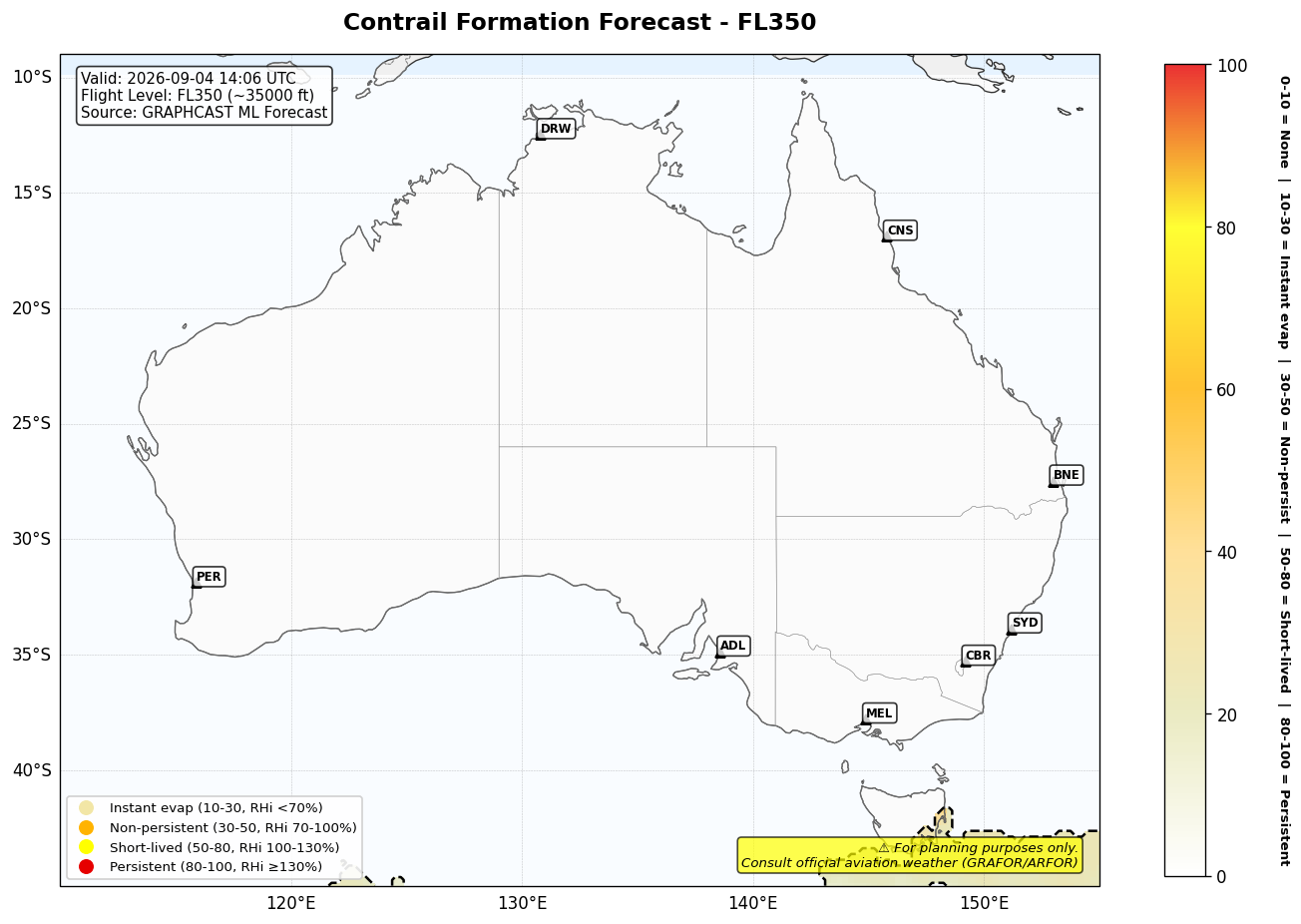 Contrail forecast for FL350 at 2026-09-04 14:06 UTC