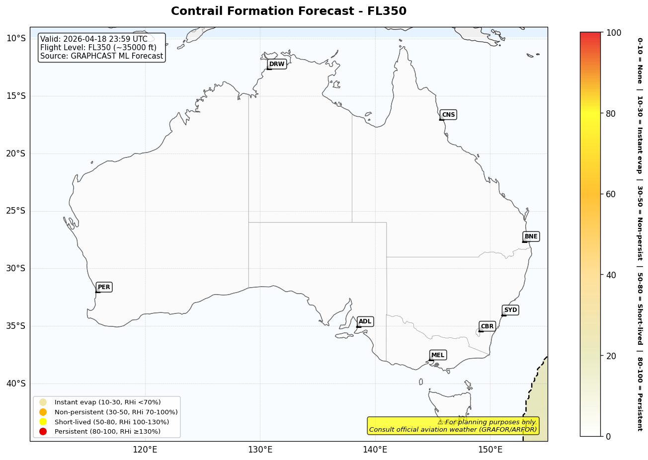 Contrail forecast for FL350 at 2026-04-18 23:59 UTC