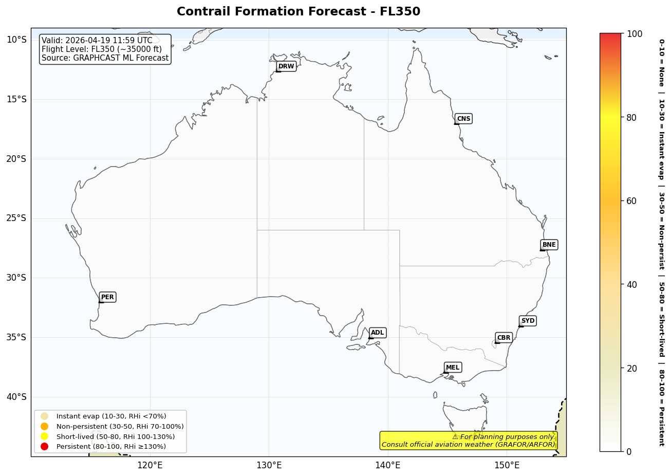 Contrail forecast for FL350 at 2026-04-19 11:59 UTC