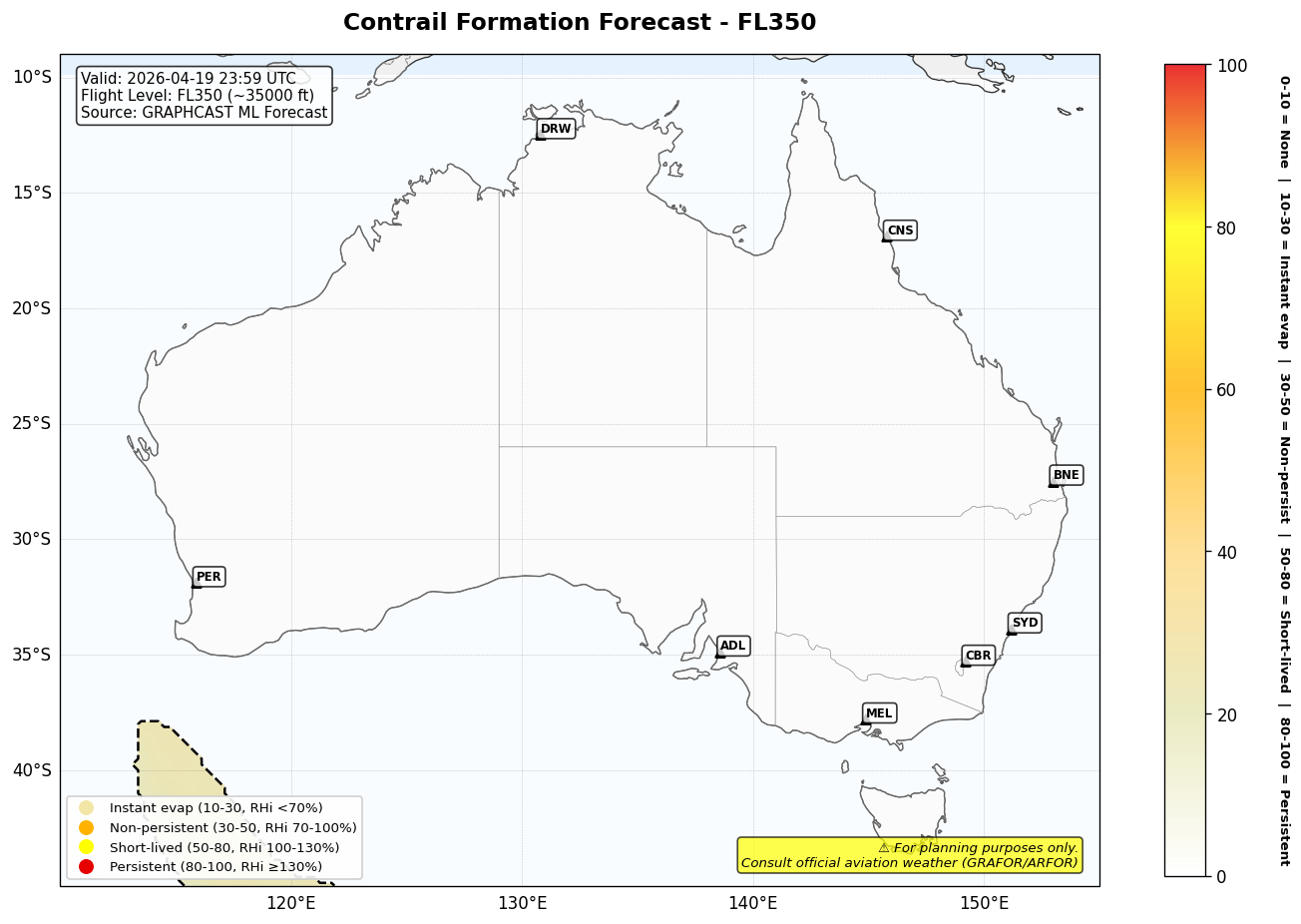 Contrail forecast for FL350 at 2026-04-19 23:59 UTC