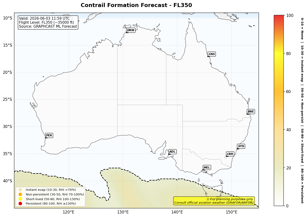 Contrail forecast for FL350 at 2026-06-03 11:59 UTC